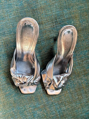 Schutz Silver Ruched Peep-Toe Heels US 7